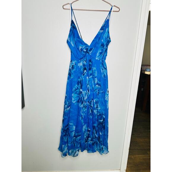 HALSTON Bright Blue Floral Chiffon V-Neck Criss-Cross Open Back Maxi Dress Size4 - Picture 3 of 14